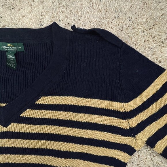 Lauren Ralph Lauren Women’s Sweater Large Navy Blue Gold Striped Shiny Pullover - Picture 7 of 12